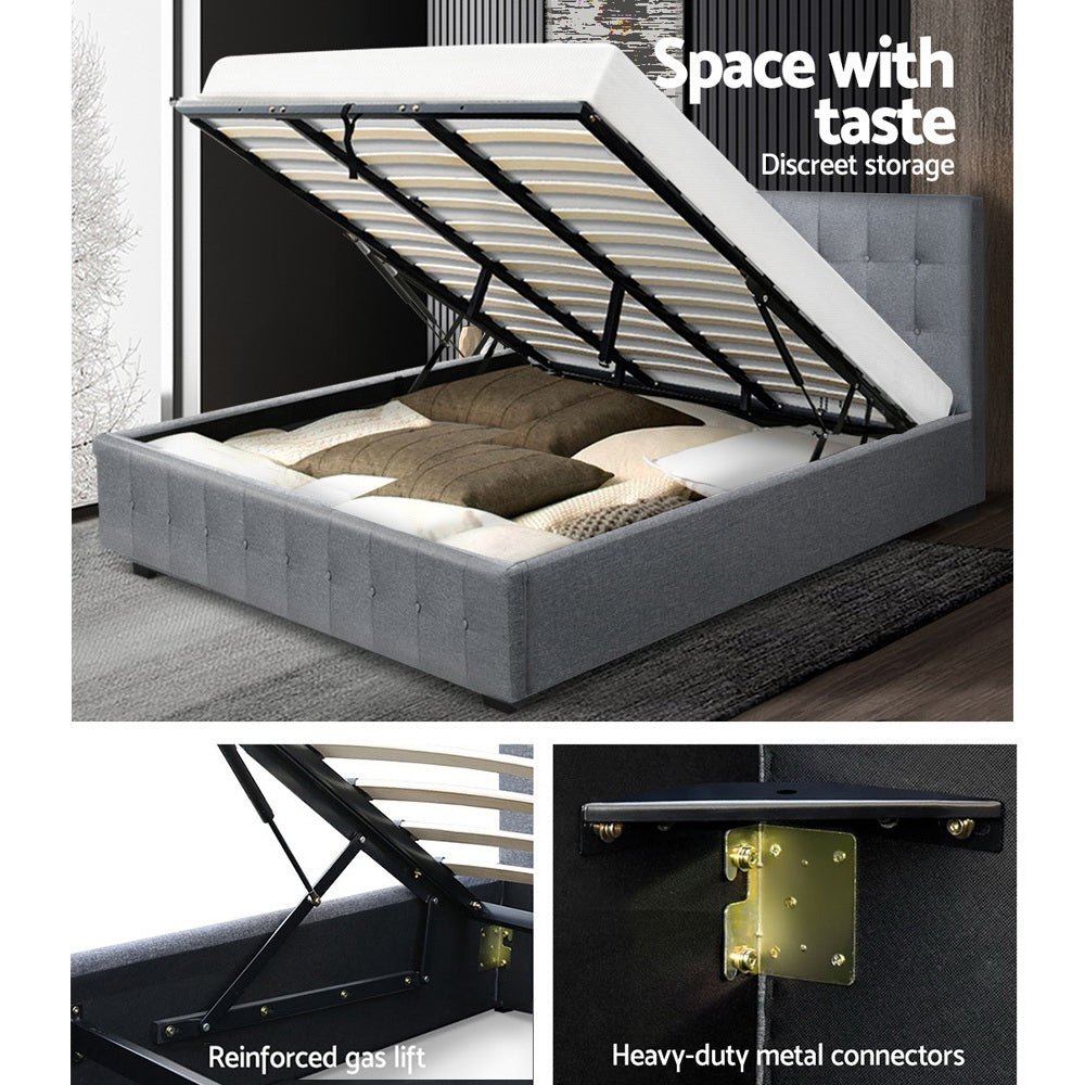 Artiss ROCA King Size Gas Lift Bed Frame Base With Storage Mattress Grey Fabric