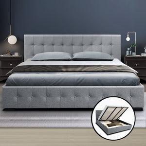 Artiss ROCA King Size Gas Lift Bed Frame Base With Storage Mattress Grey Fabric