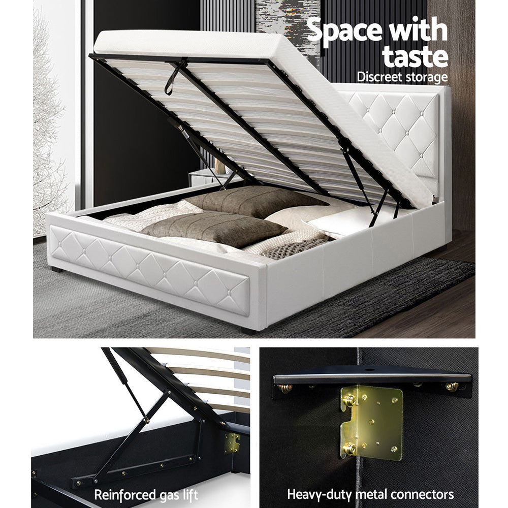 Artiss TIYO Double Full Size Gas Lift Bed Frame Base With Storage Mattress White Leather