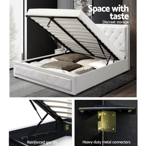 Artiss TIYO Double Full Size Gas Lift Bed Frame Base With Storage Mattress White Leather