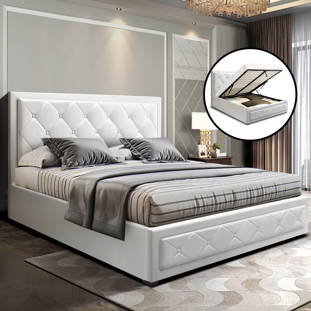 Artiss TIYO Double Full Size Gas Lift Bed Frame Base With Storage Mattress White Leather