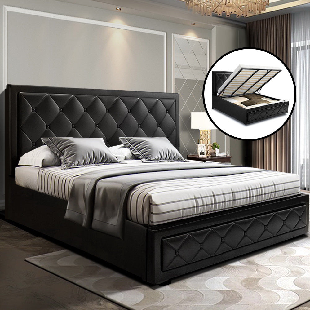 Artiss TIYO King Size Gas Lift Bed Frame Base With Storage Mattress Black Leather