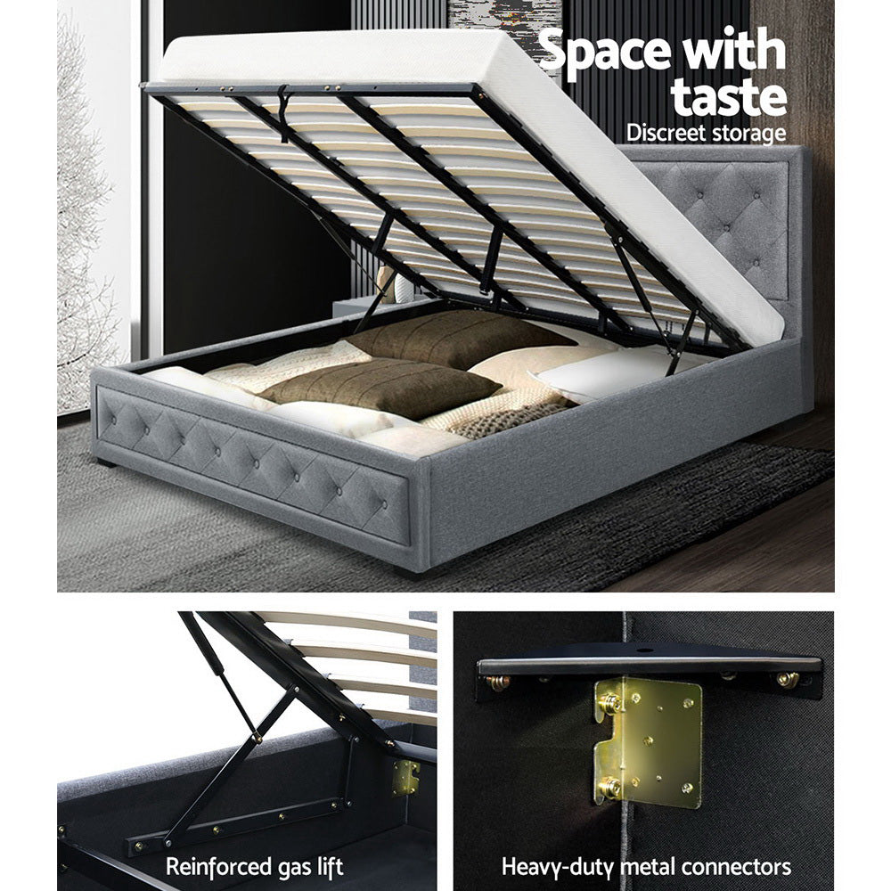 Artiss TIYO King Size Gas Lift Bed Frame Base With Storage Mattress Grey Fabric