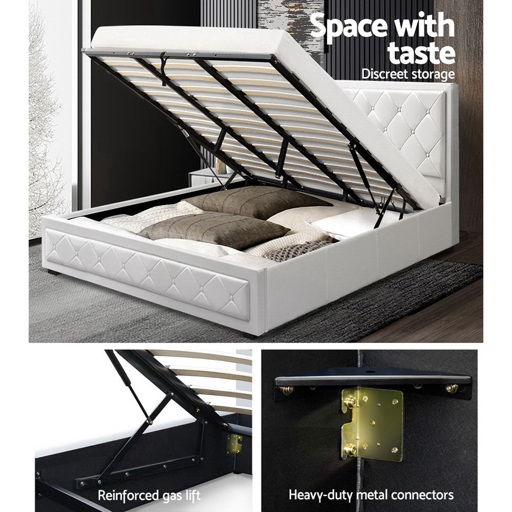 Artiss TIYO King Size Gas Lift Bed Frame Base With Storage Mattress White Leather
