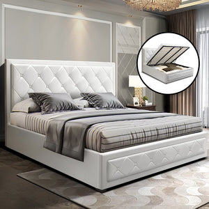 Artiss TIYO King Size Gas Lift Bed Frame Base With Storage Mattress White Leather