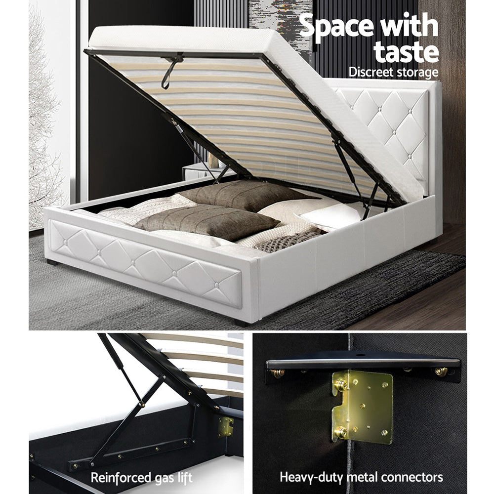 Artiss TIYO King Single Size Gas Lift Bed Frame Base With Storage Mattress White Leather