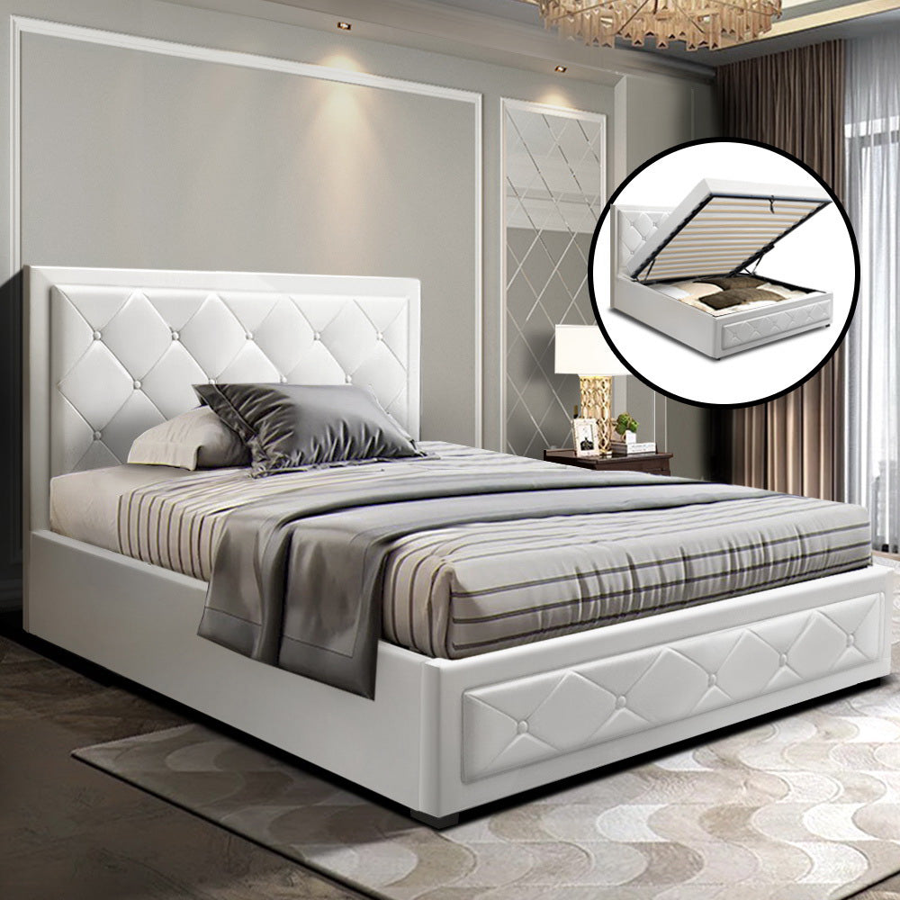 Artiss TIYO King Single Size Gas Lift Bed Frame Base With Storage Mattress White Leather