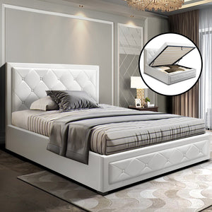 Artiss TIYO King Single Size Gas Lift Bed Frame Base With Storage Mattress White Leather