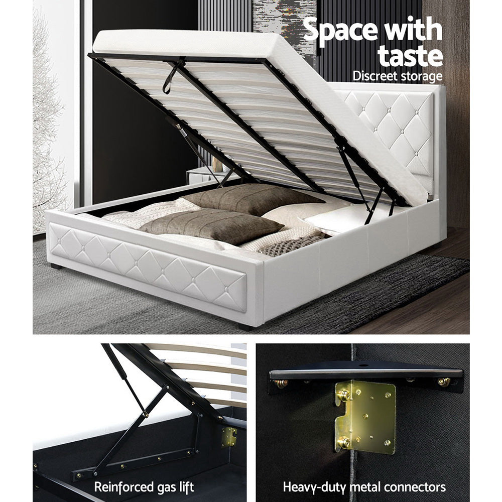 Artiss TIYO Queen Size Gas Lift Bed Frame Base With Storage Mattress White Leather