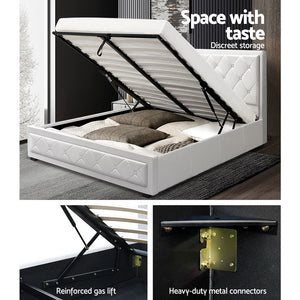 Artiss TIYO Queen Size Gas Lift Bed Frame Base With Storage Mattress White Leather