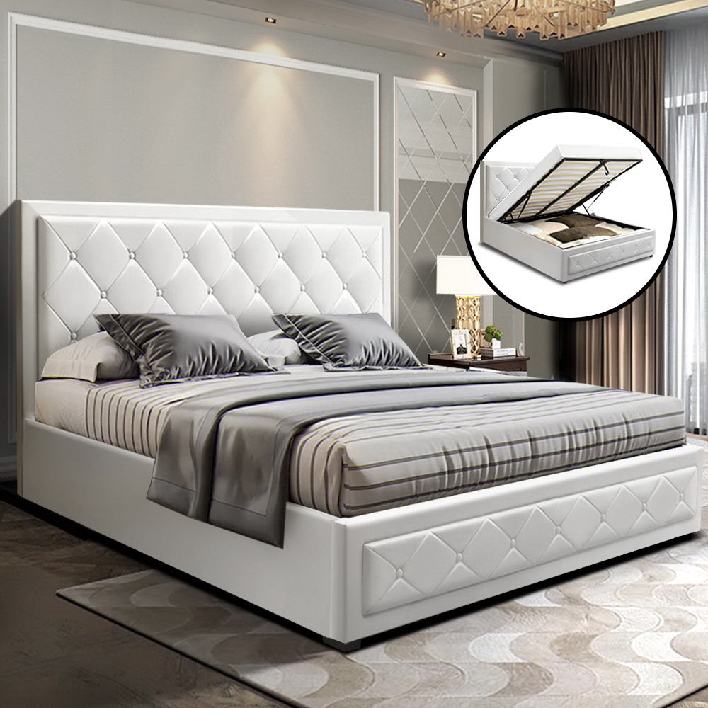 Artiss TIYO Queen Size Gas Lift Bed Frame Base With Storage Mattress White Leather
