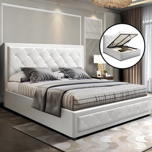 Artiss TIYO Queen Size Gas Lift Bed Frame Base With Storage Mattress White Leather