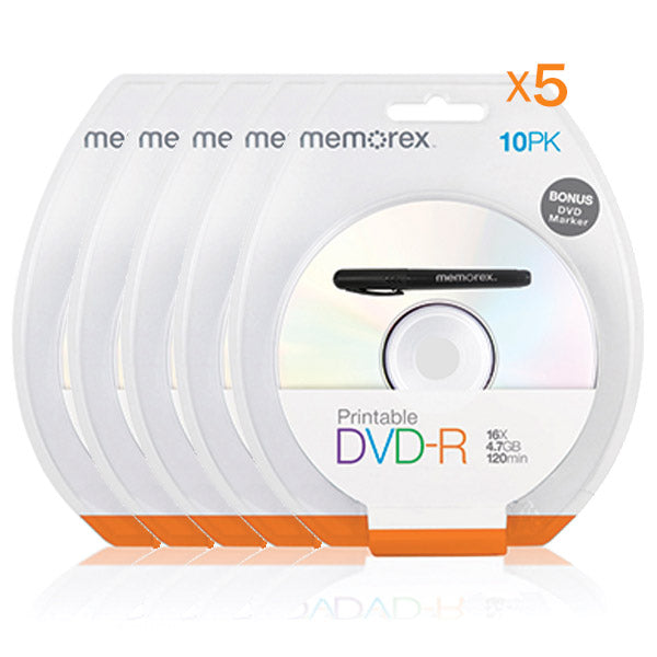 MEMOREX (5 Pack) Printable White Top DVD-R 4.7G 16x 10PCs/Pack with Bonus Mark Pen