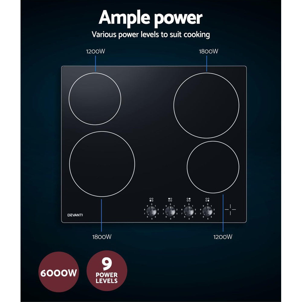 Devanti 6000W Four Burner Ceramic Cooktop - Black