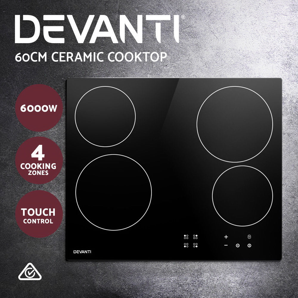 Devanti 6000W Four Burner Ceramic Cooktop - Black