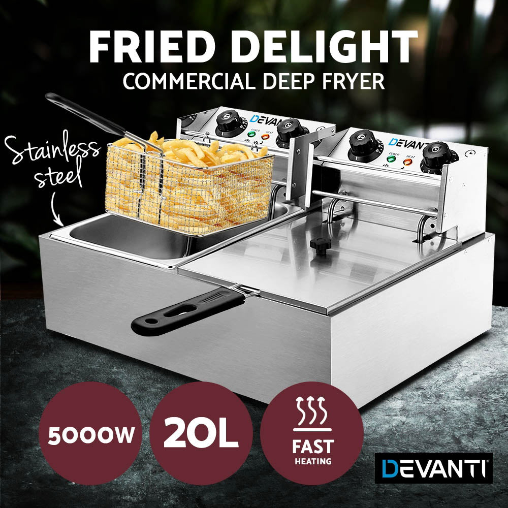 Devanti Commercial Electric Twin Deep Fryer - Silver