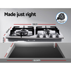 Devanti Gas Cooktop 60cm Gas Stove Cooker 4 Burner Cook Top Konbs NG LPG Steel