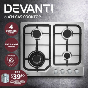 Devanti Gas Cooktop 60cm Gas Stove Cooker 4 Burner Cook Top Konbs NG LPG Steel