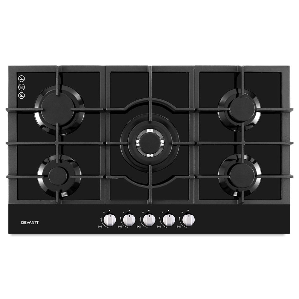 Devanti Gas Cooktop 90cm 5 Burner Ceramic Glass Stove Hob Cooker NG LPG Black