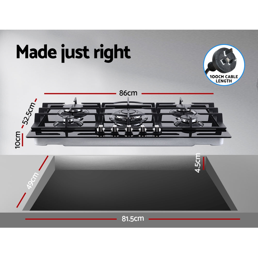 Devanti Gas Cooktop 90cm 5 Burner Ceramic Glass Stove Hob Cooker NG LPG Black