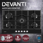 Devanti Gas Cooktop 90cm 5 Burner Ceramic Glass Stove Hob Cooker NG LPG Black