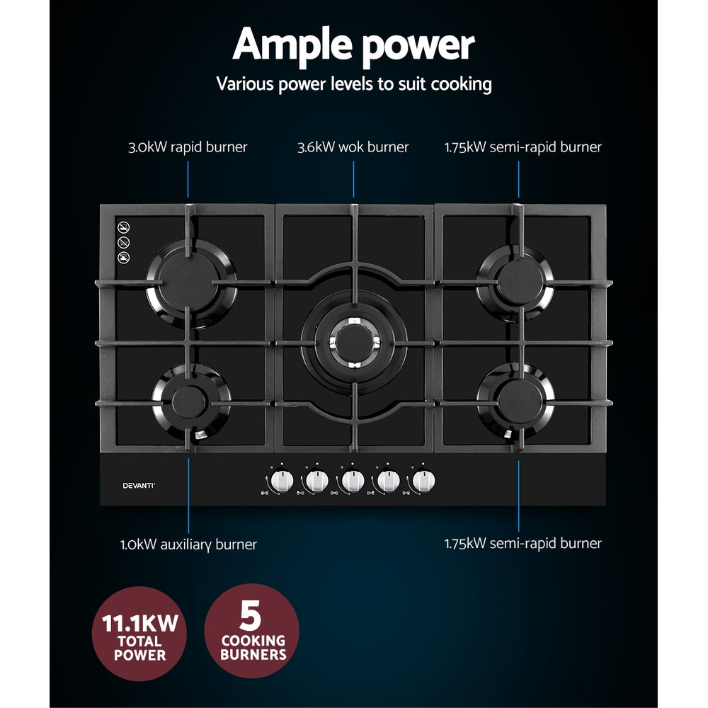 Devanti Gas Cooktop 90cm 5 Burner Ceramic Glass Stove Hob Cooker NG LPG Black