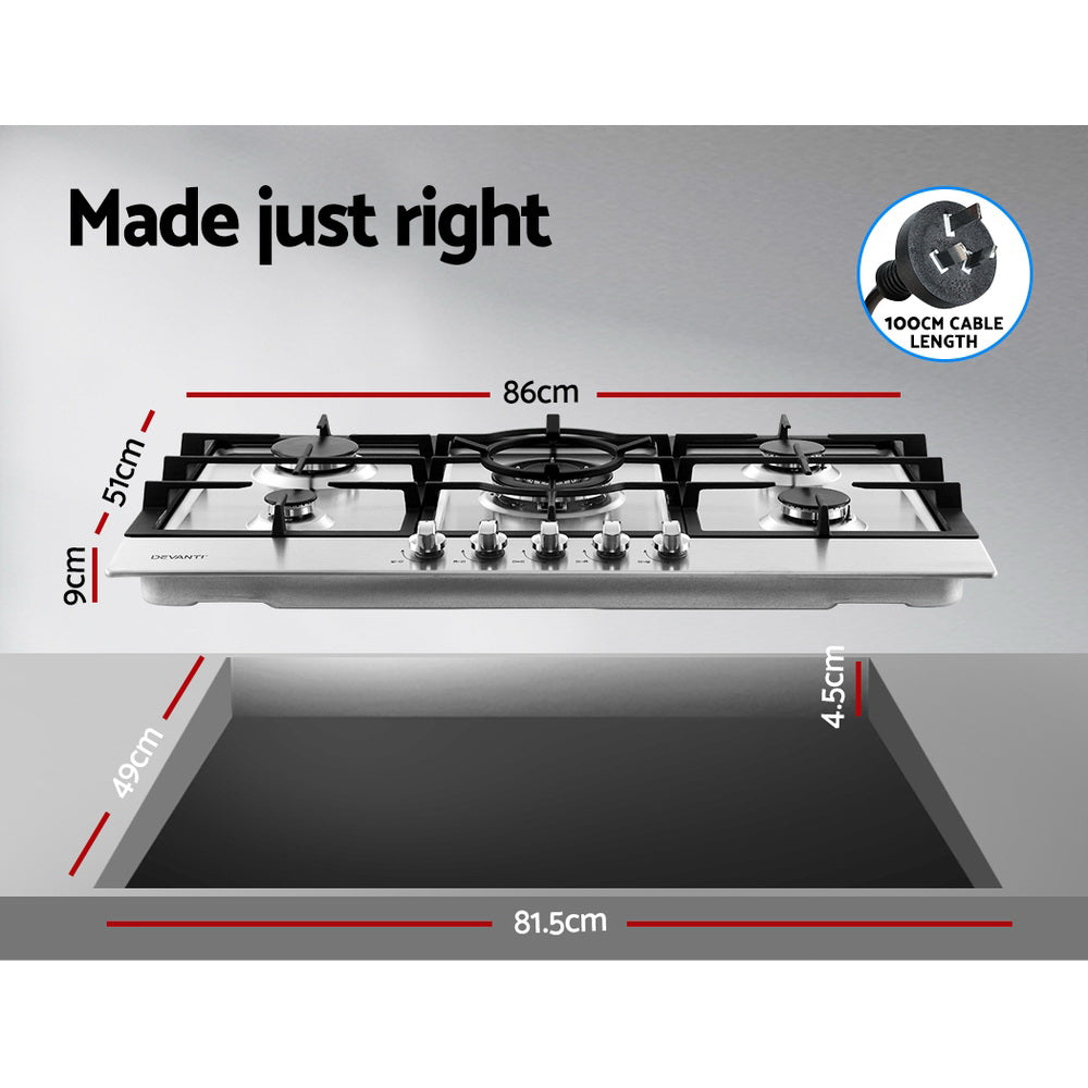 Devanti Gas Cooktop 90cm 5 Burner Kitchen Stove Cooker NG/LPG Stainless Steel