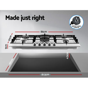 Devanti Gas Cooktop 90cm 5 Burner Kitchen Stove Cooker NG/LPG Stainless Steel