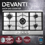 Devanti Gas Cooktop 90cm 5 Burner Kitchen Stove Cooker NG/LPG Stainless Steel