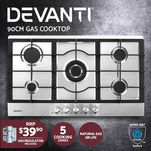 Devanti Gas Cooktop 90cm 5 Burner Kitchen Stove Cooker NG/LPG Stainless Steel