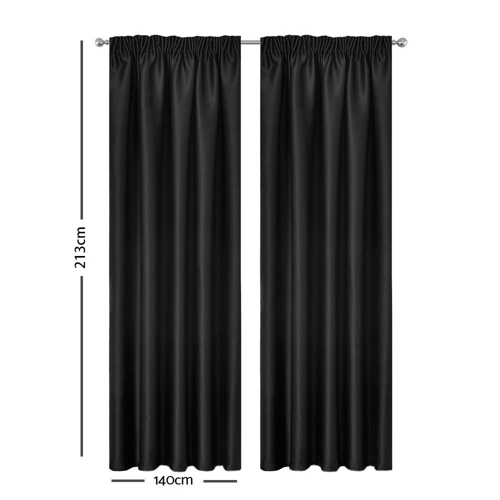 Artqueen 2X Pinch Pleat Pleated Blockout Curtains Black 140cmx213cm