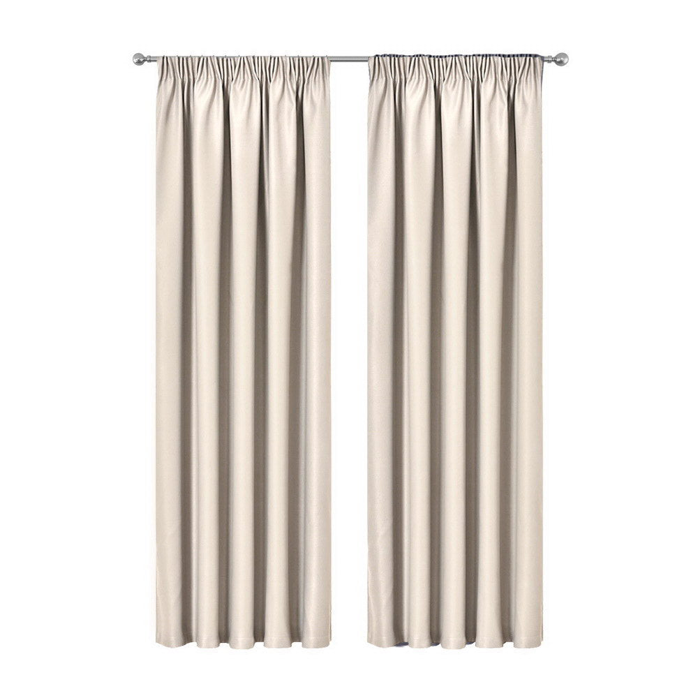 Artqueen 2X Pinch Pleat Pleated Blockout Curtains Sand 140cmx213cm