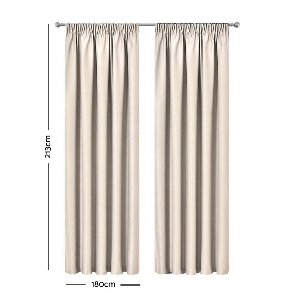 Artqueen 2X Pinch Pleat Pleated Blockout Curtains Sand 180cmx213cm