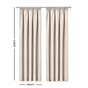 Artqueen 2X Pinch Pleat Pleated Blockout Curtains Sand 300cmx230cm