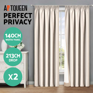 Art Queen 2 Pencil Pleat 140x213cm Blockout Curtains - Sand