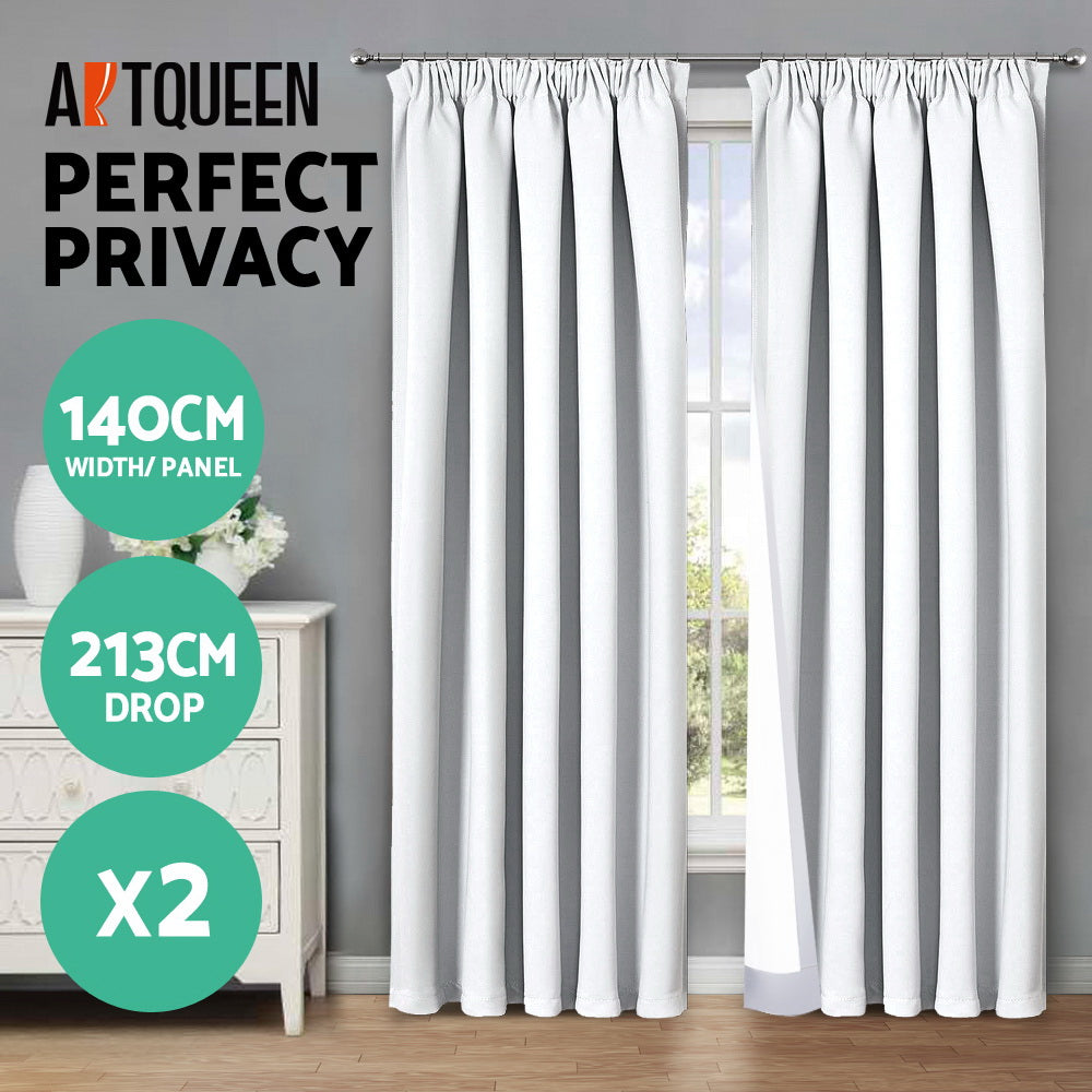 Art Queen 2 Pencil Pleat 140x213cm Blockout Curtains - White