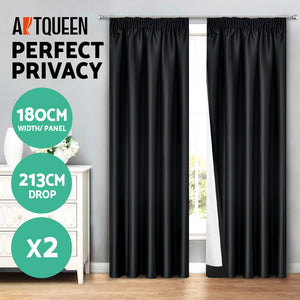 Art Queen 2 Pencil Pleat 180x213cm Blockout Curtains - Black