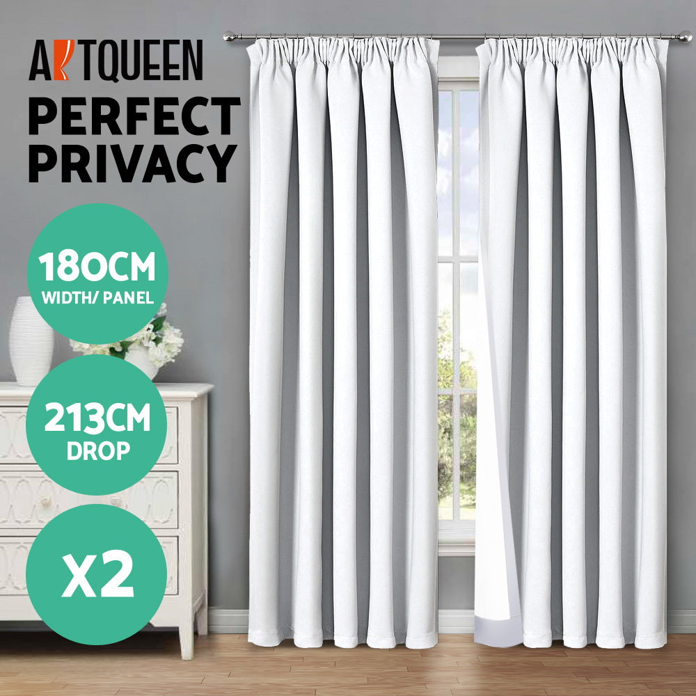 Art Queen 2 Pencil Pleat 180x213cm Blockout Curtains - White