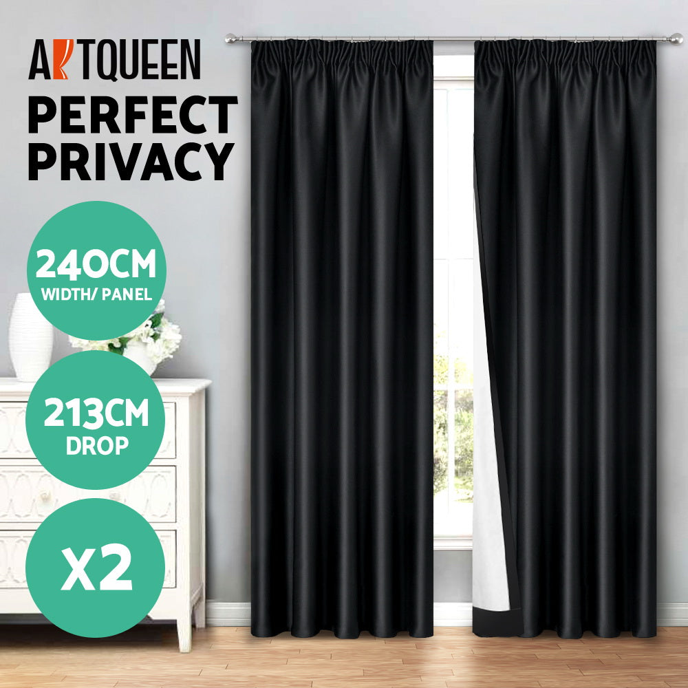 Art Queen 2 Pencil Pleat 240x213cm Blockout Curtains - Black