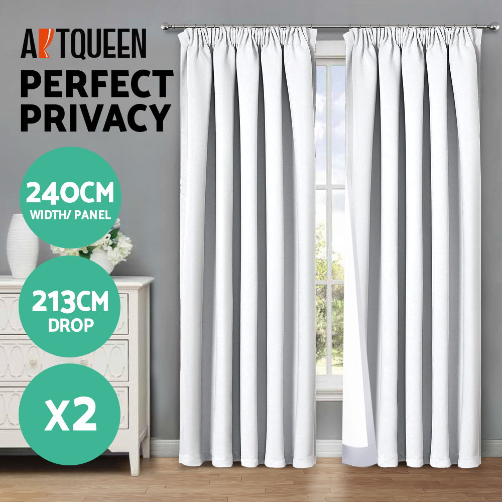 Art Queen 2 Pencil Pleat 240x213cm Blockout Curtains - White