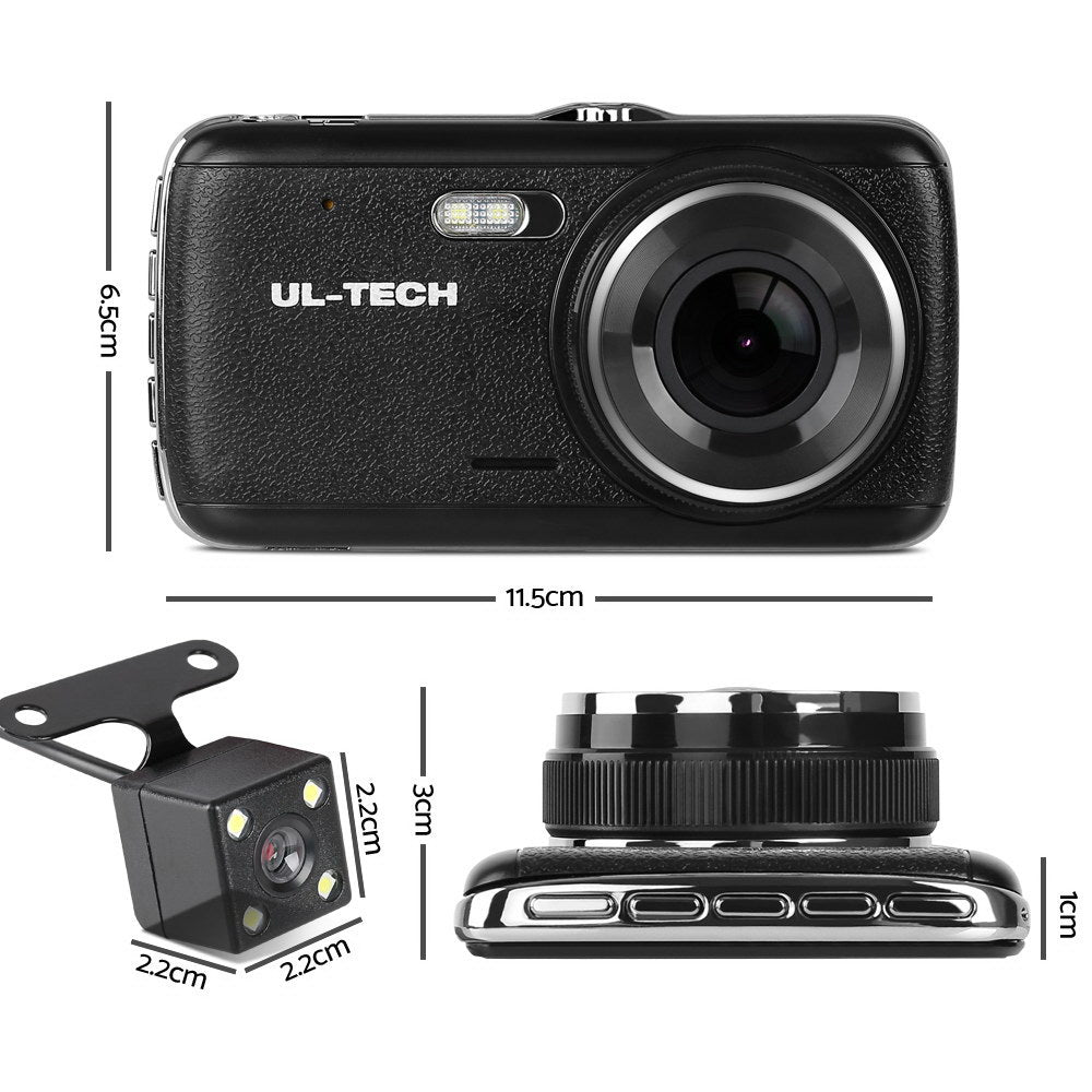 UL Tech 4 Inch Dual Camera Dash Camera - Black