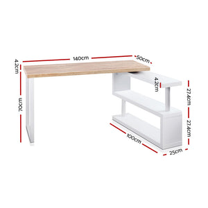 Artiss Rotary Corner Desk with Bookshelf - Brown & White