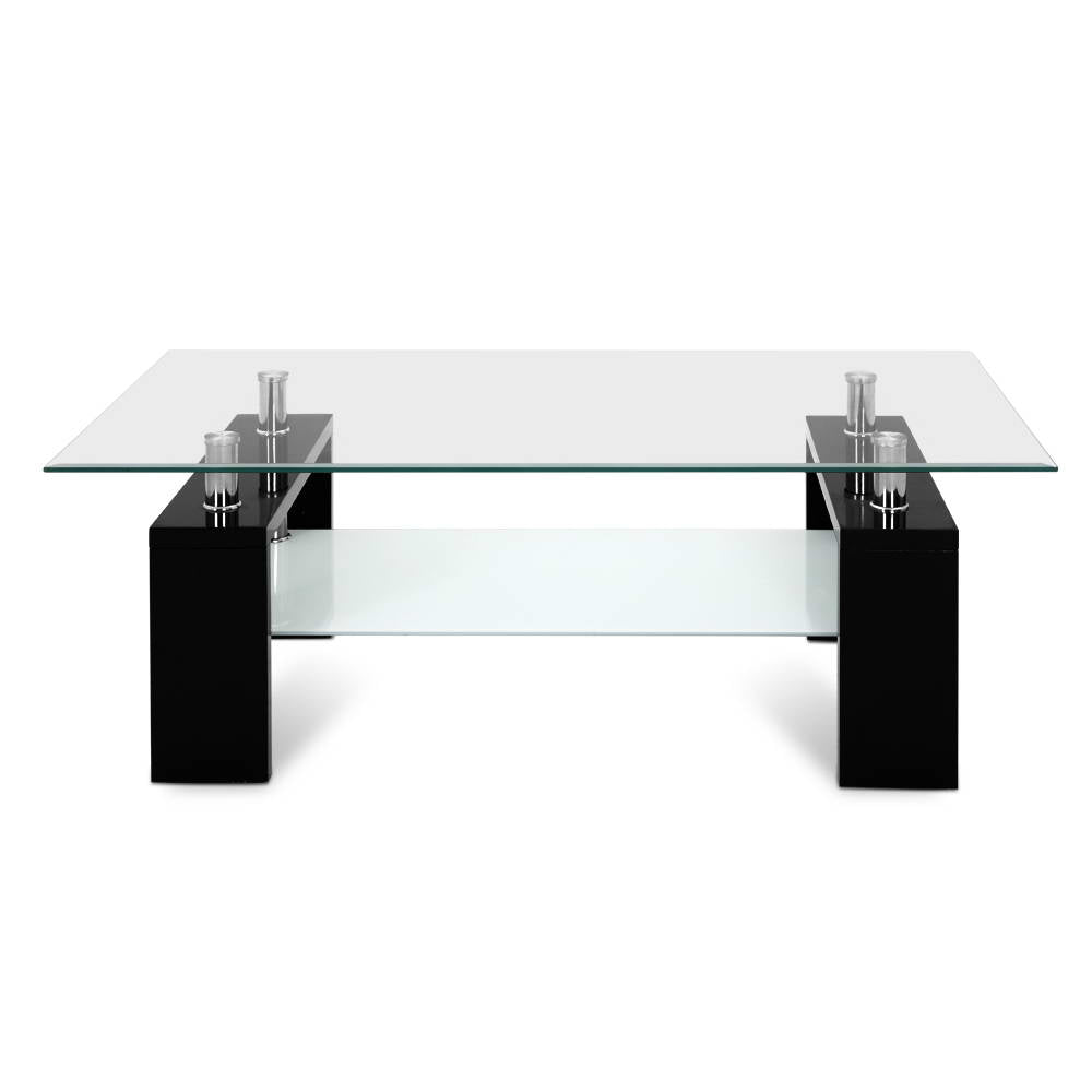 Artiss 2 Tier Glass Coffee Table - Black