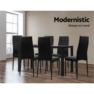 Artiss Astra 7-Piece Set Tempered Glass Dining Set Table and 6 Chairs Black