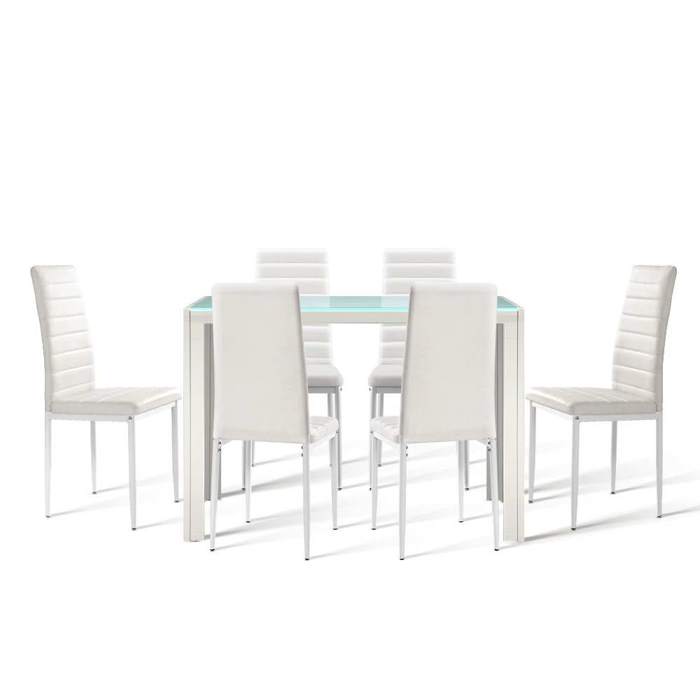 Artiss Astra 7-piece Dining Table and Chairs Dining Set Tempered Glass Leather Seater Metal Legs White