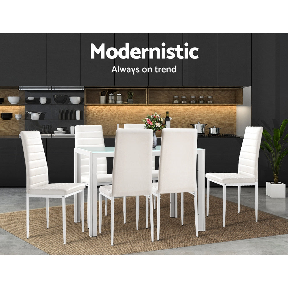 Artiss Astra 7-piece Dining Table and Chairs Dining Set Tempered Glass Leather Seater Metal Legs White