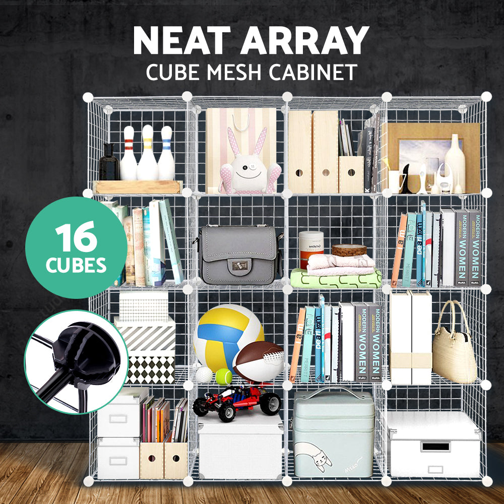16 Cube Metal Wire Storage Cabinet - White