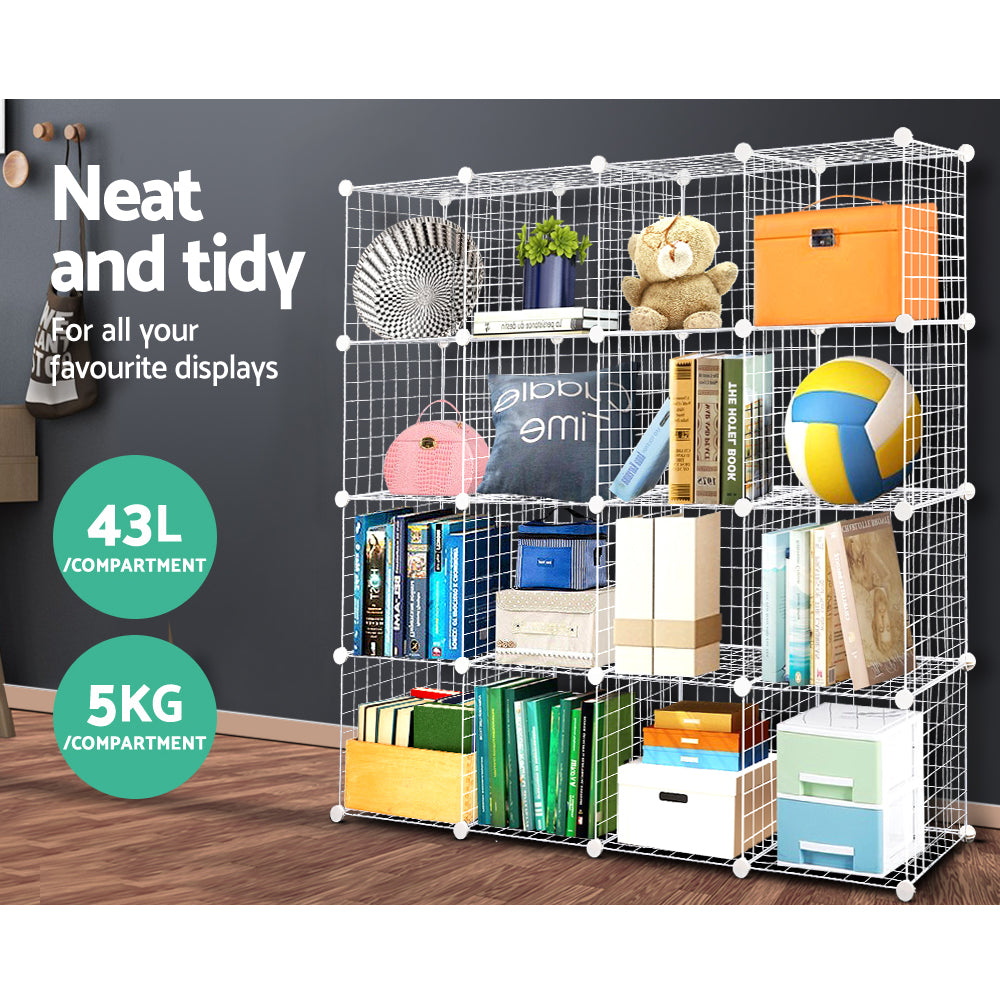 16 Cube Metal Wire Storage Cabinet - White