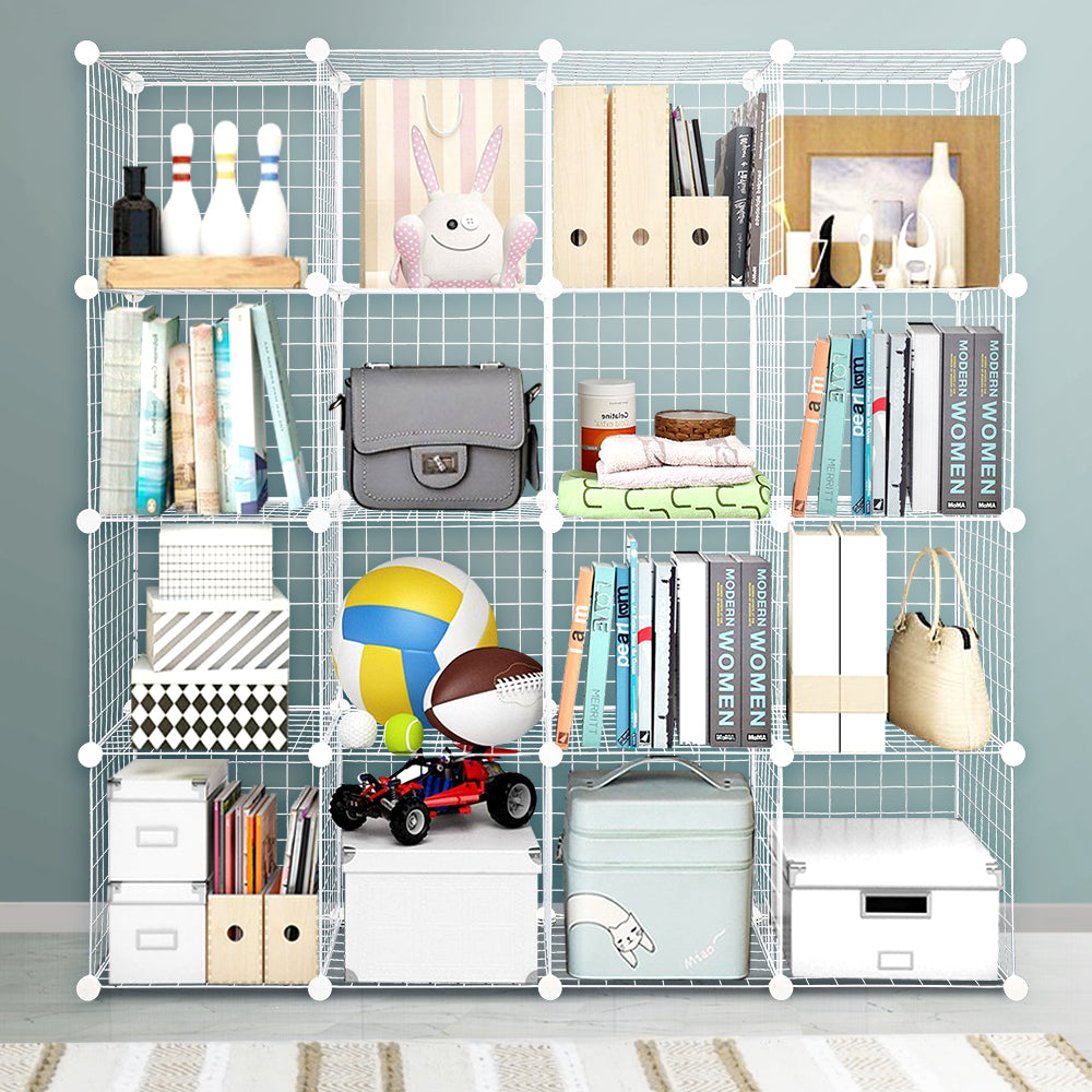 16 Cube Metal Wire Storage Cabinet - White