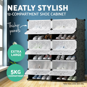 12 Cube Stackable Shoe Rack Storage Cabinet - Black & White